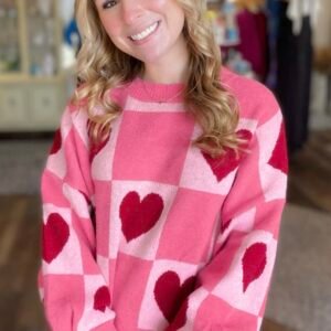 pink love heart checkered valentine crew neck sweater