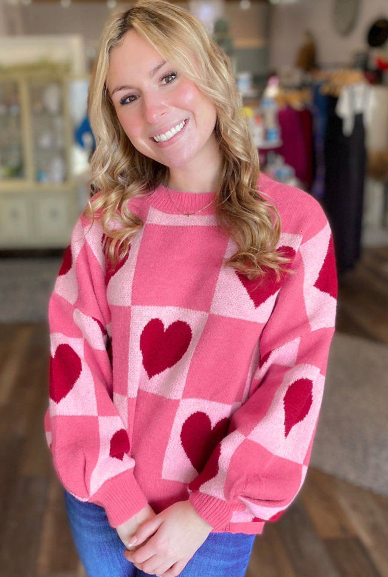 pink love heart checkered valentine crew neck sweater pink love heart checkered valentine crew neck sweater