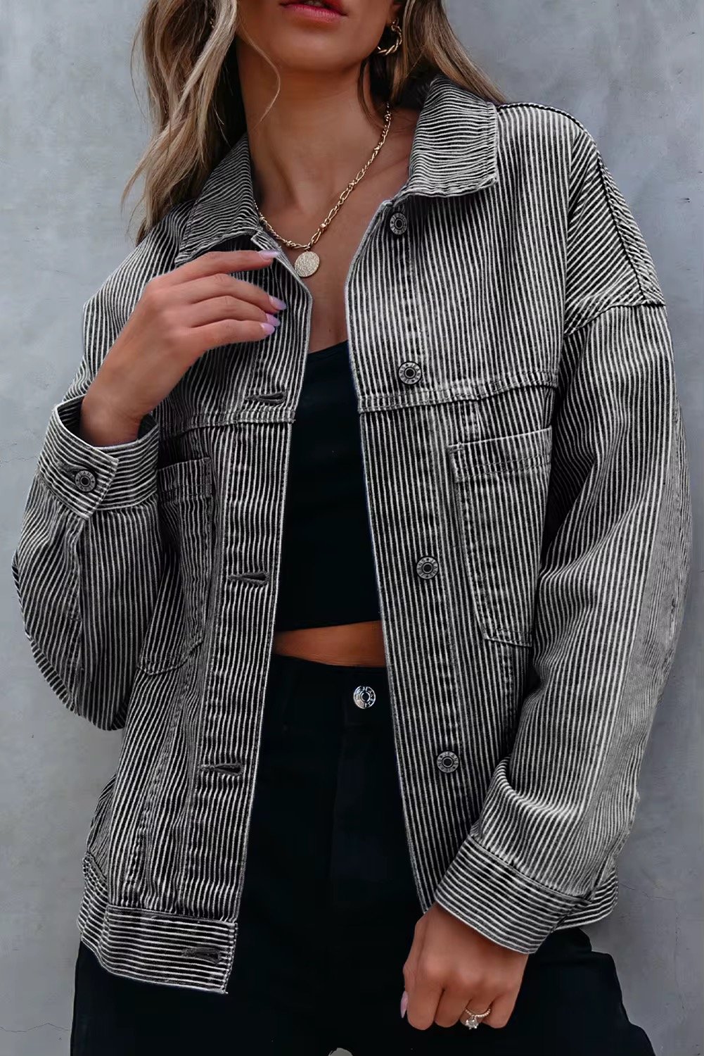 women's stripe washed oversize pocketed denim jean jacket women's stripe washed oversize pocketed denim jean jacket