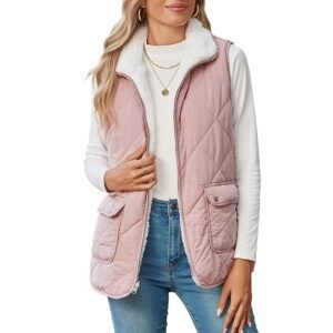 quilted puffer vest with front pockets and standing collar
