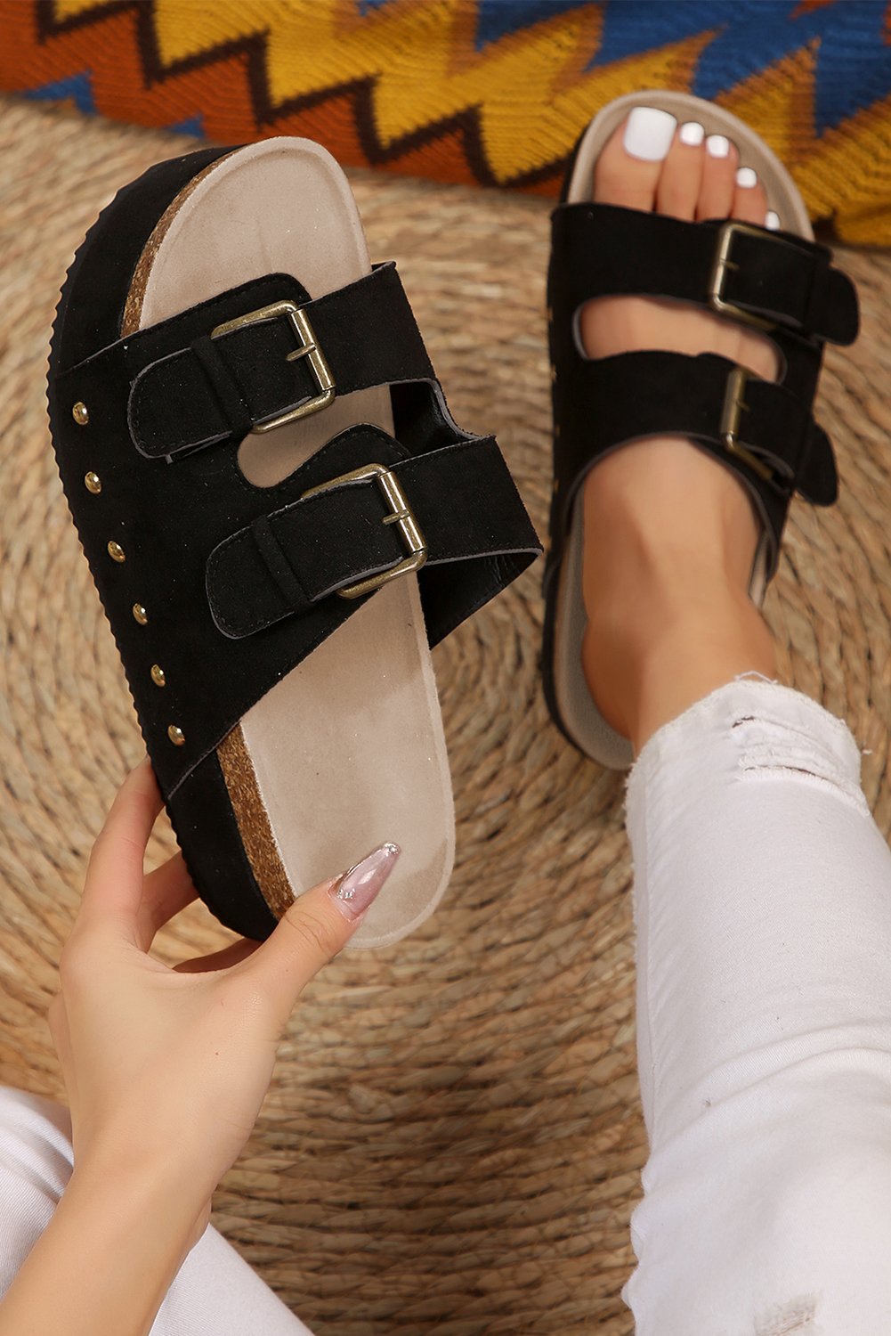 97353540-2a8836e9bb32189f.jpg black suede buckle decor footbed sandal slippers