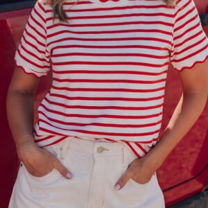 red stripe scalloped trim round neck t shirt