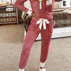 red stripe buttoned v neck top and knotted waist pants lounge set
