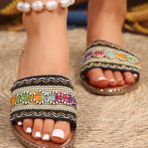 chestnut bohemian pattern crochet faux leather beach slippers