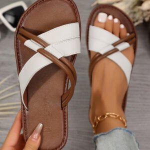 white criss cross pu leather flat slippers