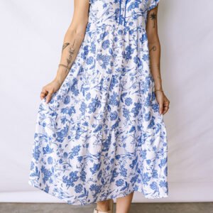 blue ruffled short sleeve tiered floral midi dress