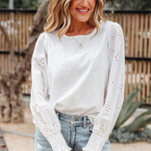 white eyelet embroidered smocked cuff sheer blouse