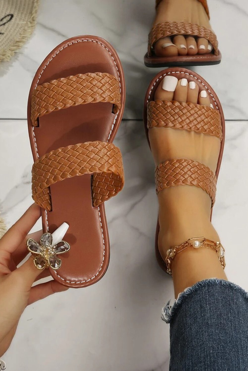 97353769-7346211cea256821.jpg chestnut braided double band leathered flat slippers