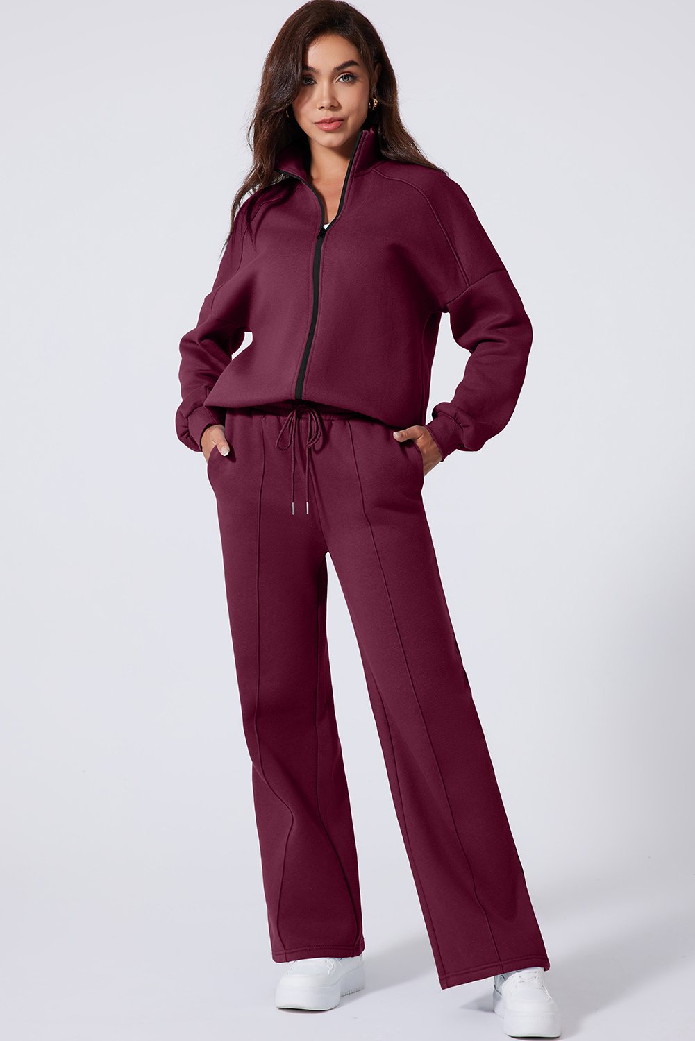 97355900-7f29cdf5385e66b7.jpg burgundy drop shoulder zip up jacket drawstring pants active 2pcs set