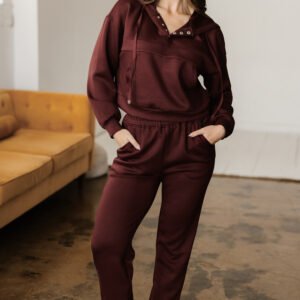 chicory coffee button drawstring cropped hoodie jogger 2pcs set