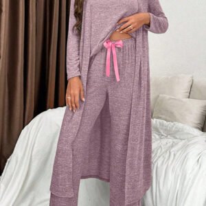 delicacy 3pcs v neck t shirt ribbon knot pants open duster 3pcs lounge set