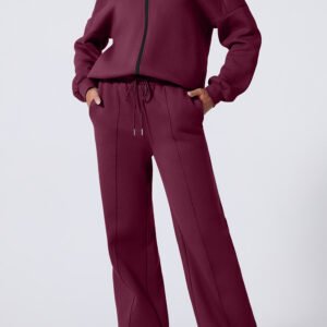 burgundy drop shoulder zip up jacket drawstring pants active 2pcs set