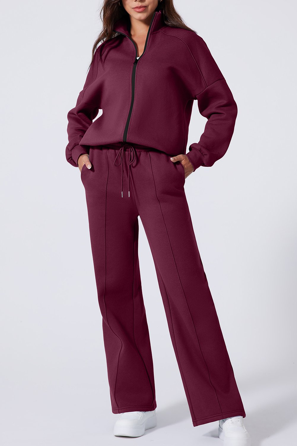 97355895-a29f5c6455e64a56.jpg burgundy drop shoulder zip up jacket drawstring pants active 2pcs set
