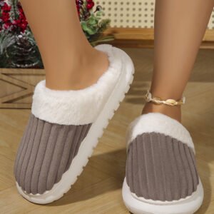 dark grey ribbed plush color block winter slippers