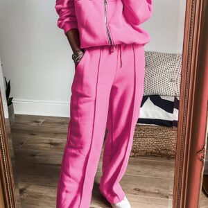 bright pink solid seamed zipper jacket and drawstring waist pants set