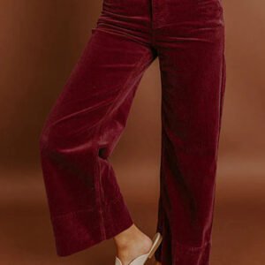 burgundy corduroy solid color high waist wide leg pants