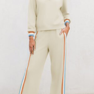 apricot striped patchwork quarter zip pullover loose pant set