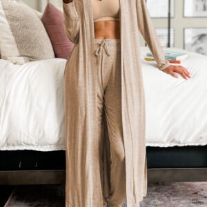 parchment split long cardigan and skinny pants lounge set