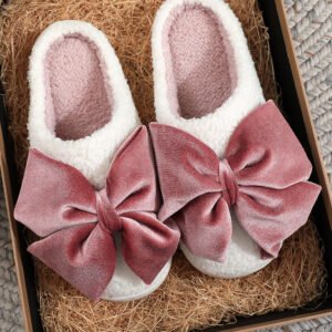 white glister ribbon bow decor contrast liner plush slippers