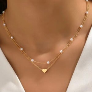 gold plated heart and pearl detail 2pcs layered necklace