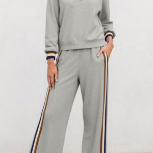 Collections gray striped patchwork quarter zip pullover loose pant set