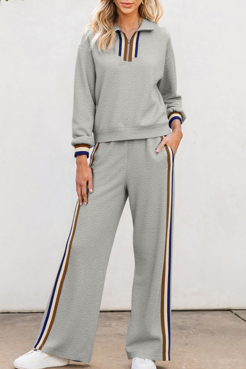 97027511-ddccdb4bf3979948.jpg gray striped patchwork quarter zip pullover loose pant set