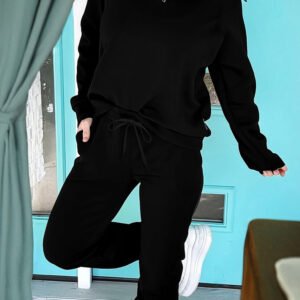 black zip collar long sleeve top drawstring pants set