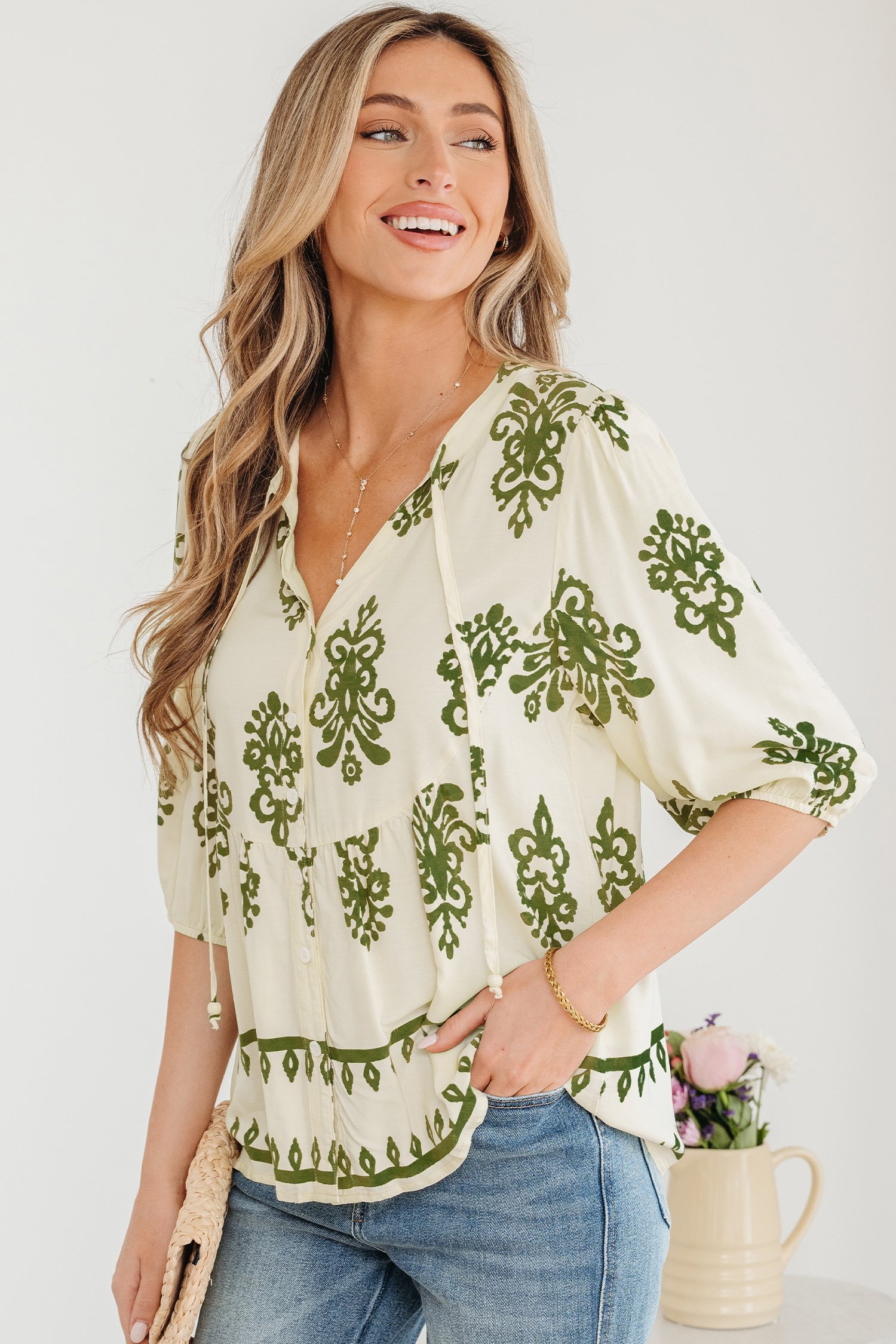 97027059-e2fc632f941ede04.jpg apricot floral print tie v neck button down puffy half sleeve shirt
