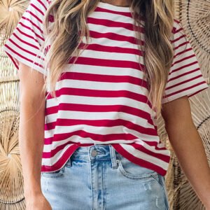 red stripe patchwork round neck t shirt